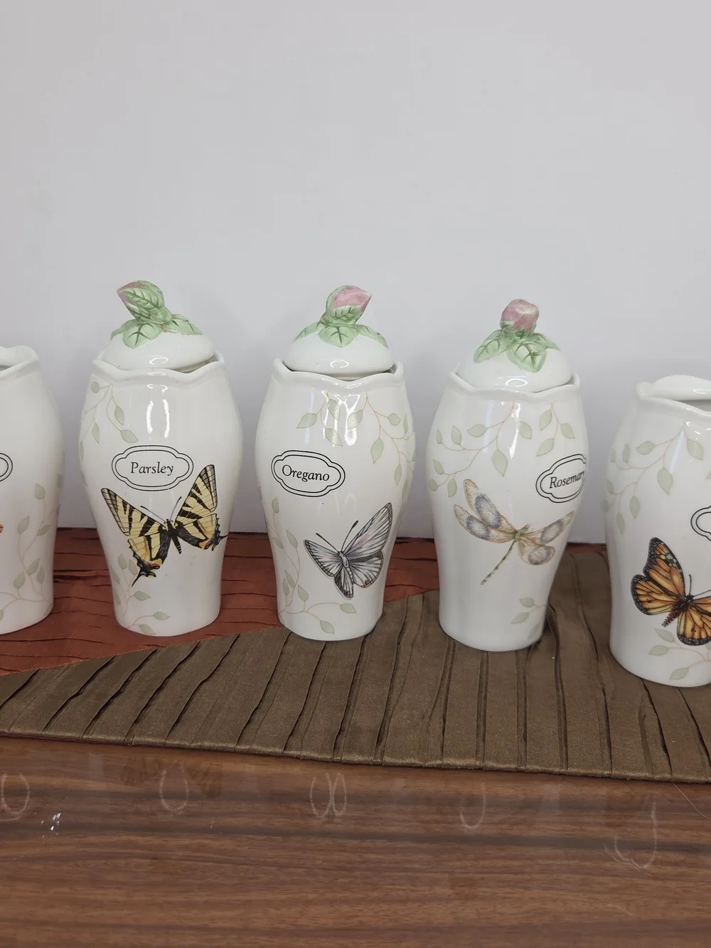 Lenox White Porcelain Herb Canister Set Butterfly & Dragonfly Motifs Set Of5 As